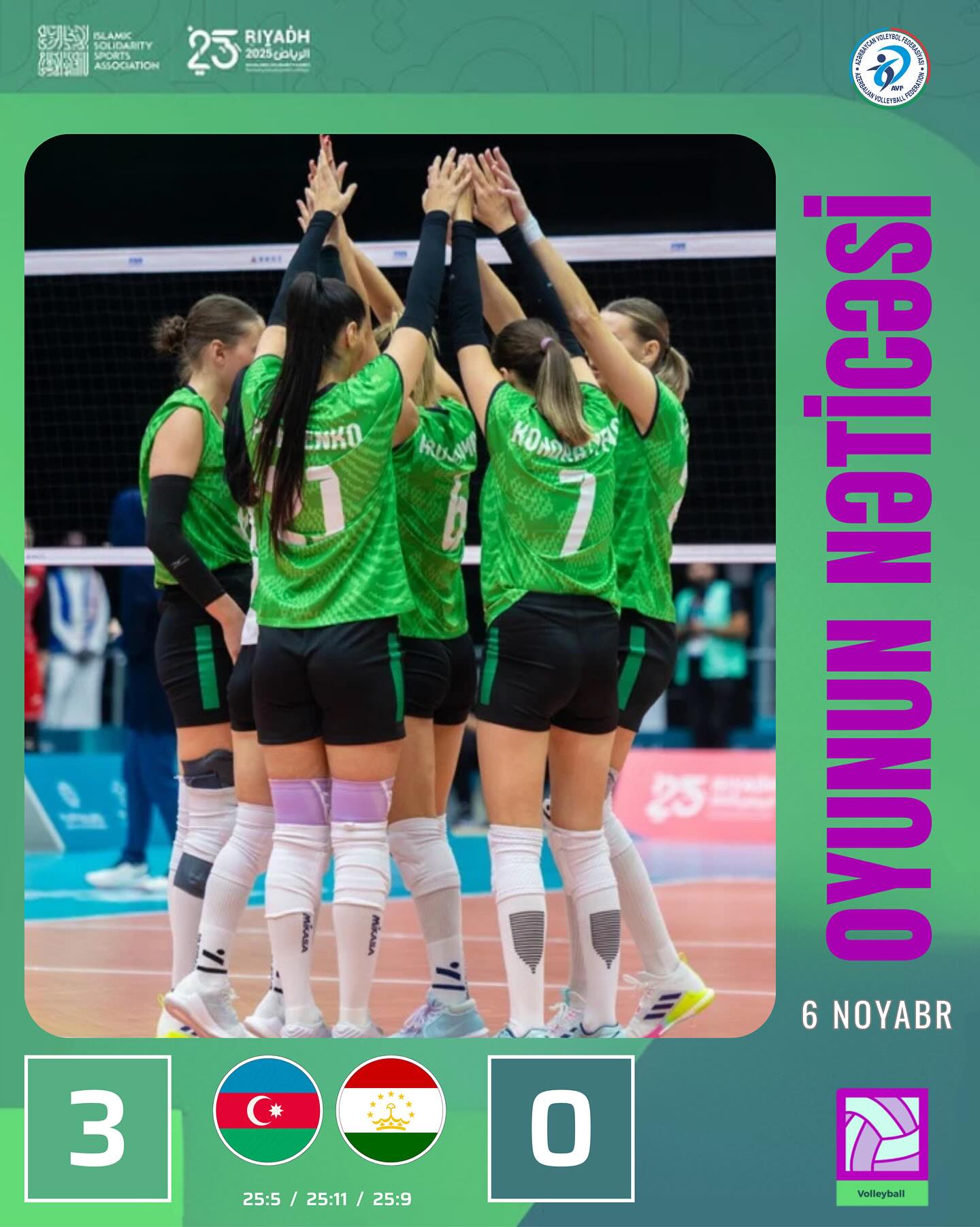 Qadın voleybolçulardan ibarət Azərbaycan milli komandası Səudiyyə Ərəbistanının paytaxtı Ər-Riyadda keçirilən VI İslam Həmrəyliyi Oyunlarında bu gün ikinci oyununu keçirib.