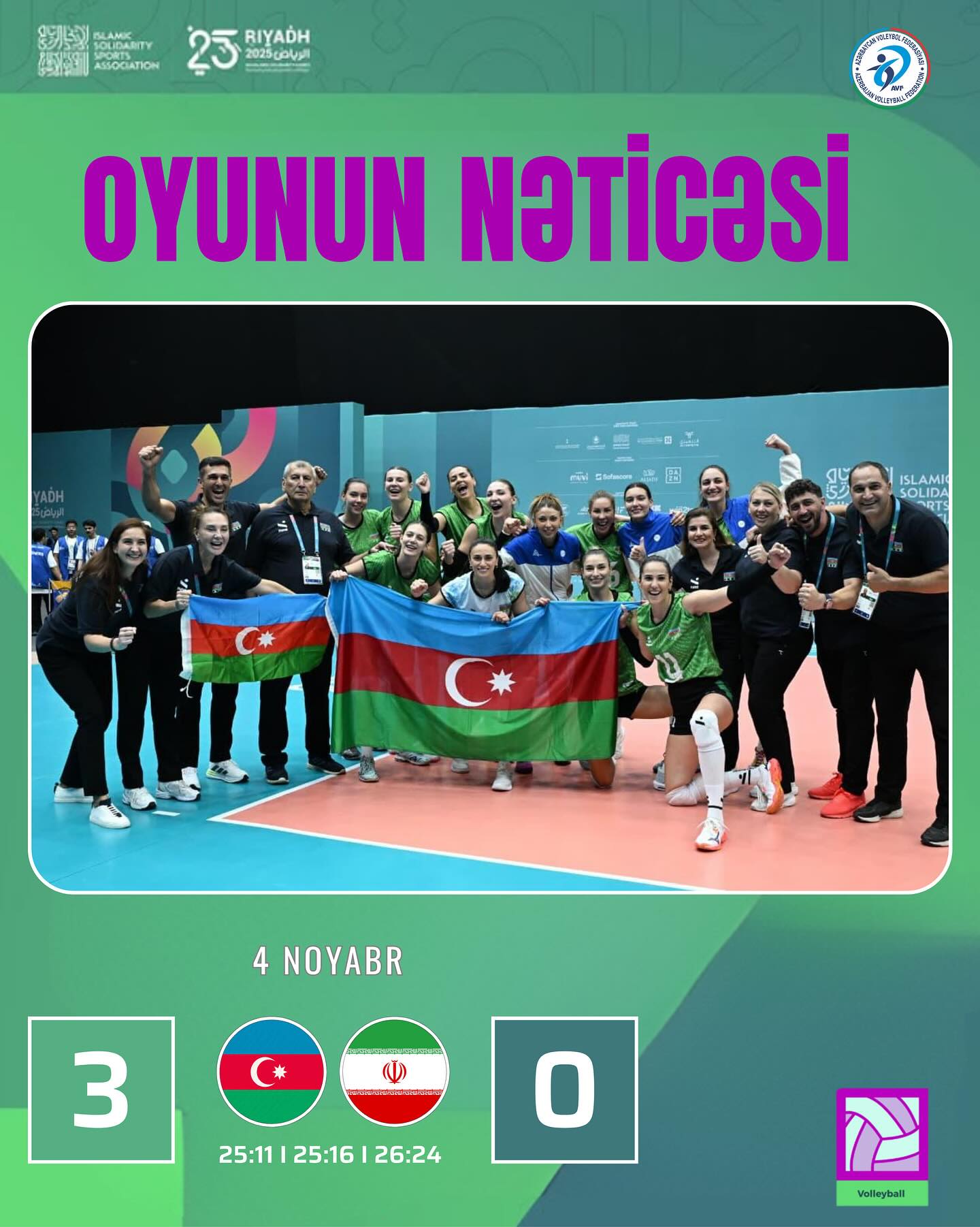 Qadın voleybolçulardan ibarət Azərbaycan milli komandası VI İslam Həmrəyliyi Oyunlarında mübarizəyə başlayıb.