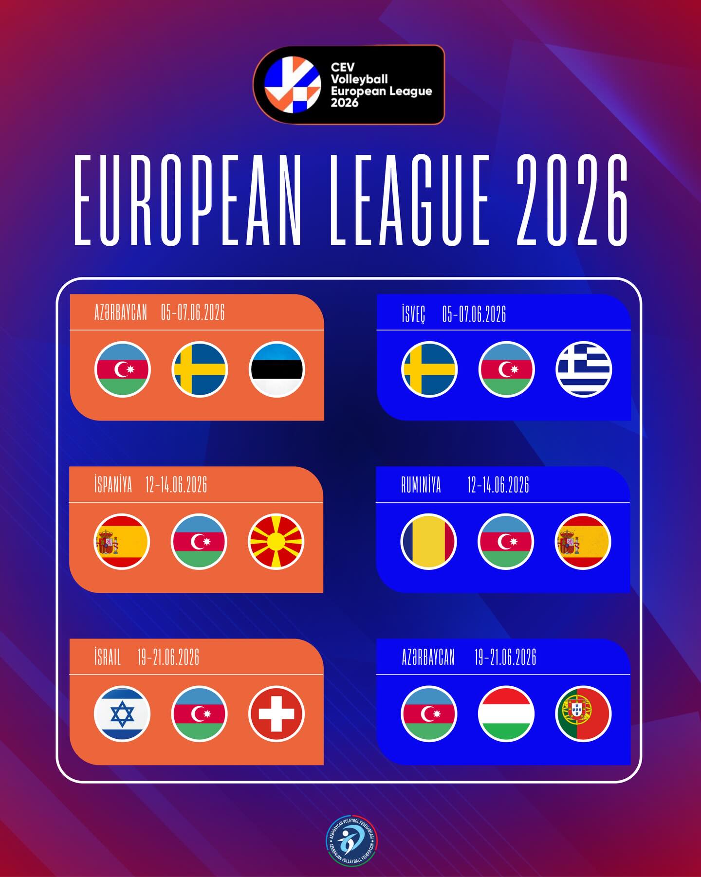 2026 Avropa Liqasında (CEV Volleyball European League 2026) milli komandalarımızın rəqibləri müəyyənləşib
                                  