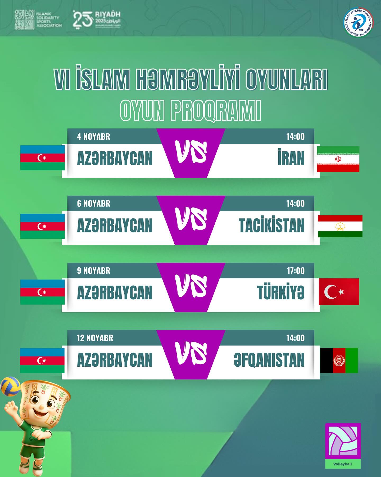 VI İslam Həmrəyliyi Oyunlarının voleybol yarışlarının proqramında dəyişiklik edilib